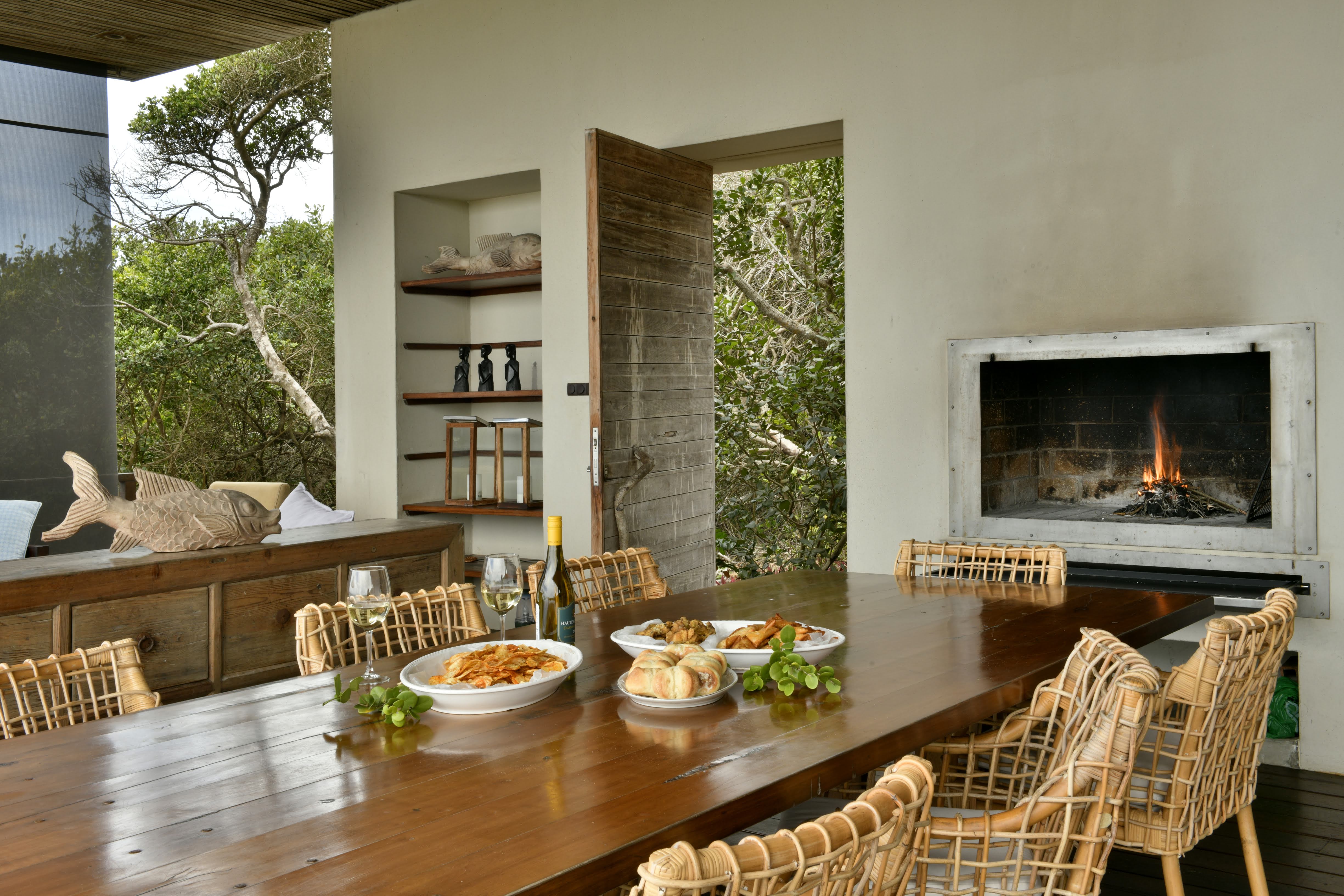 Dining table and fireplace